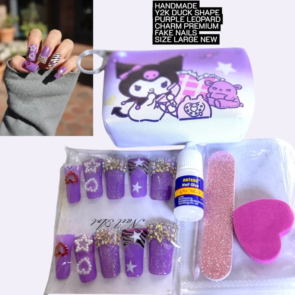 Y2K HANDMADE DUCK SHAPE PURPLE LEOPARD CHARM‎ FAKE NAIL SET LARGE NEW